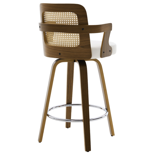 Zelen Swivel Counter Stool in White Rebo Leather with Rattan Backrest