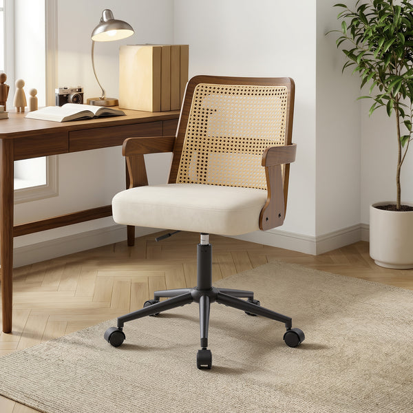 Zelen Office Chair in Beige Afus Leather, Rattan Backrest