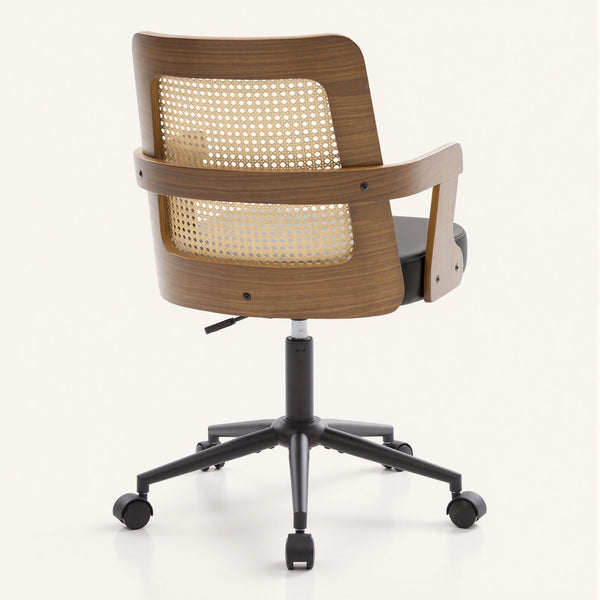 Zelen Office Chair in Black Afus Leather, Rattan Backrest