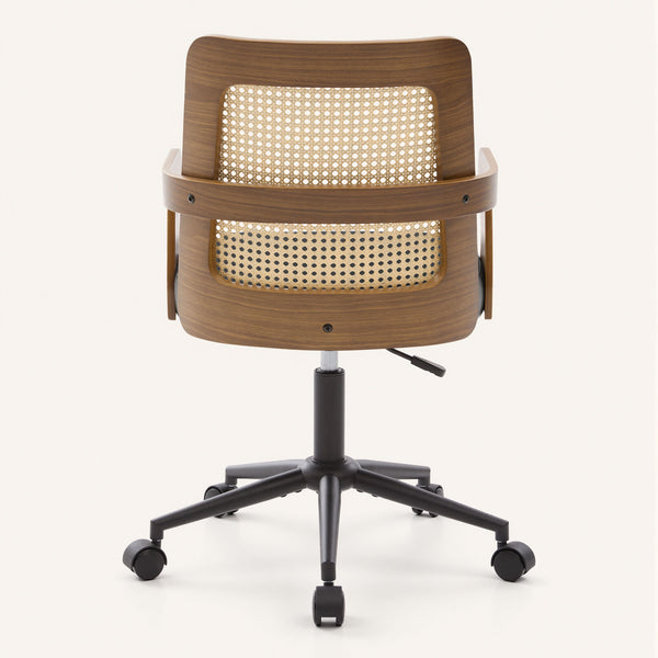 Zelen Office Chair in Black Afus Leather, Rattan Backrest