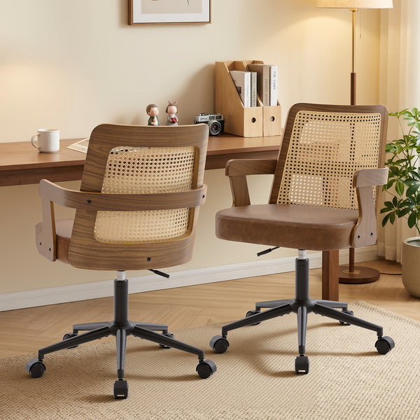Zelen Office Chair in Brown Afus Leather, Rattan Backrest