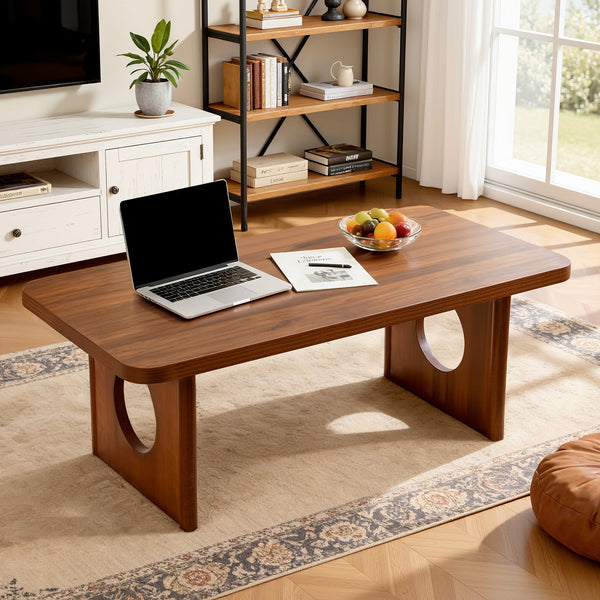 Aqitag Coffee Table in Brown Pine with Circular Legs