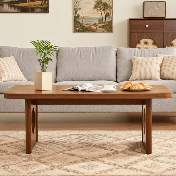 Aqitag Coffee Table in Brown Pine with Circular Legs