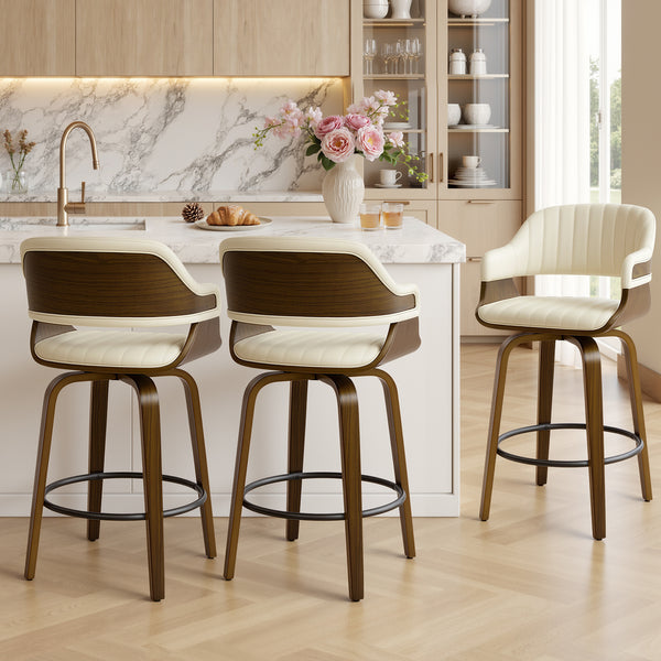 Arinto Counter Stool in Cream Serna Leather with Natural Walnut Veneer
