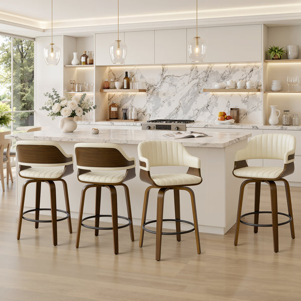 Arinto Counter Stool in Cream Serna Leather with Natural Walnut Veneer