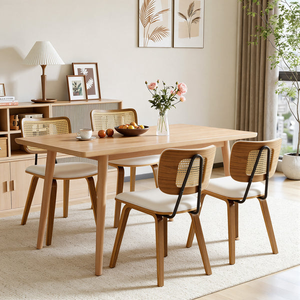 Dorsa Dining Chair in Cream Hron Leather, Rattan Backrest