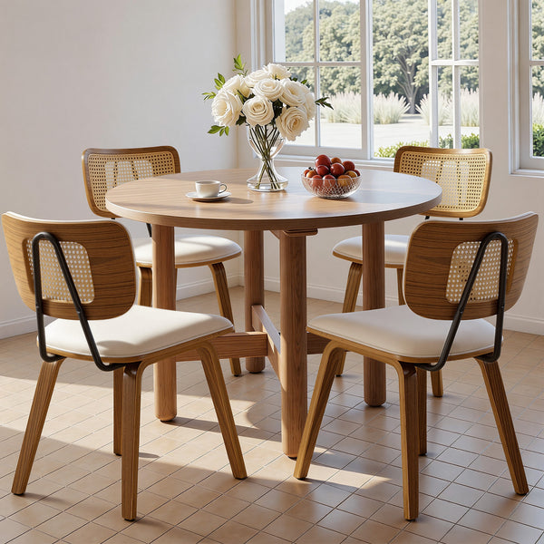 Dorsa Dining Chair in Cream Hron Leather, Rattan Backrest