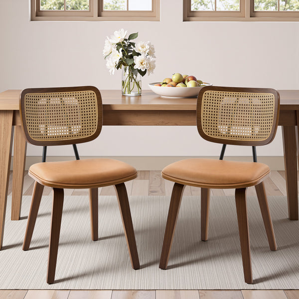 Dorsa Dining Chair in Mud Hans Leather, Rattan Backrest