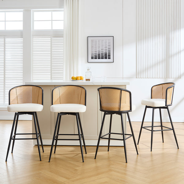 Lagrein II Swivel Bar Stool in White Jaen Leather with Rattan Backrest