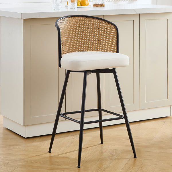 Lagrein II Swivel Bar Stool in White Jaen Leather with Rattan Backrest
