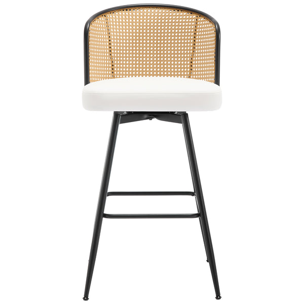Lagrein II Swivel Bar Stool in White Jaen Leather with Rattan Backrest