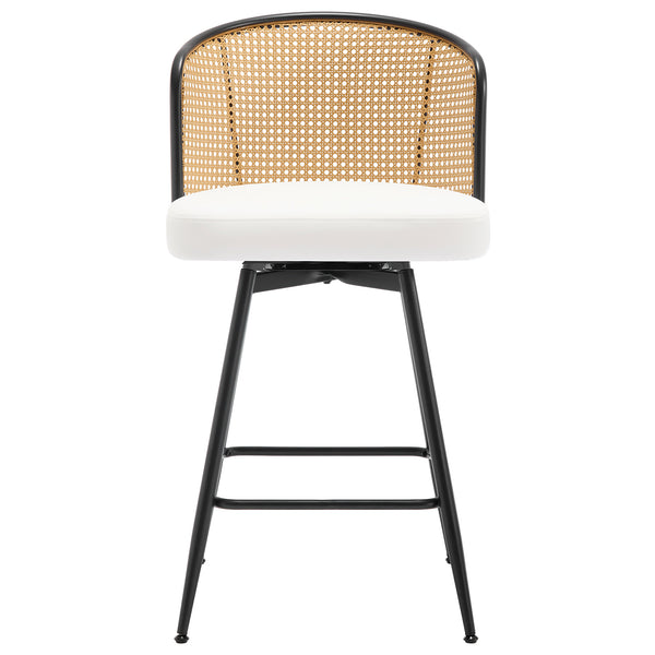 Lagrein II Swivel Counter Stool in White Jaen Leather with Rattan Backrest