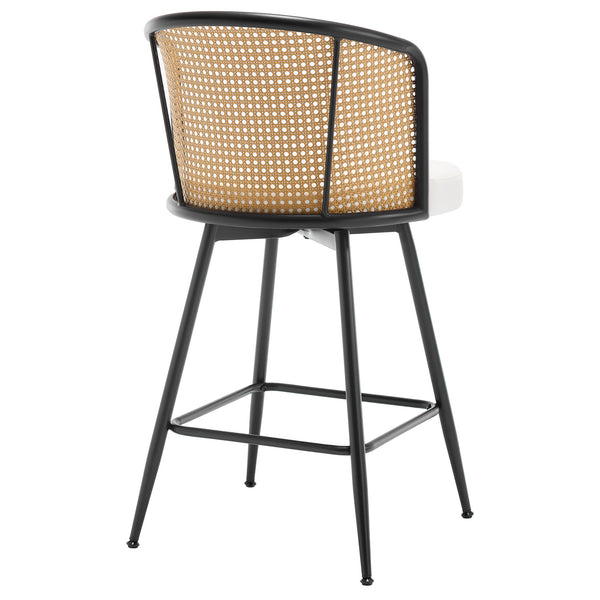 Lagrein II Swivel Counter Stool in White Jaen Leather with Rattan Backrest