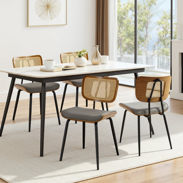 Oatmeal dining chair in Gray Hans Leather, Rattan Backrest