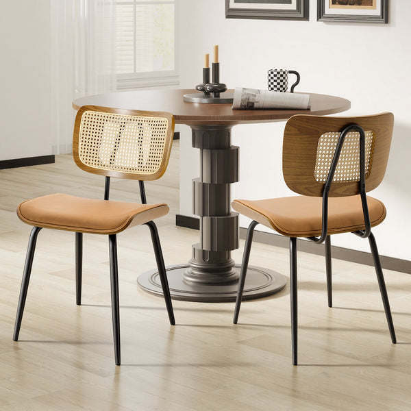 Oatmeal dining chair in Mud Hans Leather, Rattan Backrest