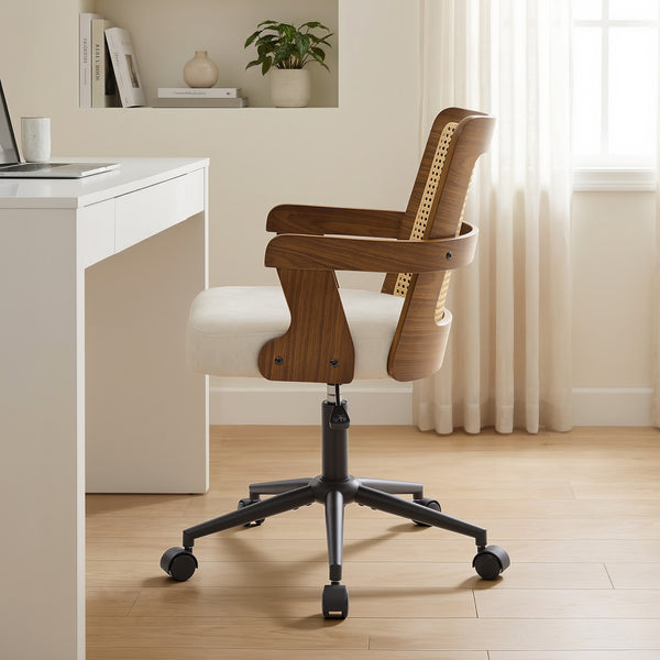 Zelen Office Chair in Beige Afus Leather, Rattan Backrest