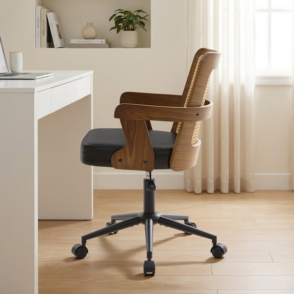 Zelen Office Chair in Black Afus Leather, Rattan Backrest
