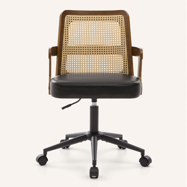 Zelen Office Chair in Black Afus Leather, Rattan Backrest