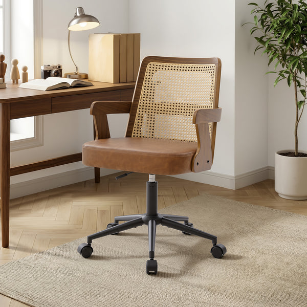Zelen Office Chair in Brown Afus Leather, Rattan Backrest