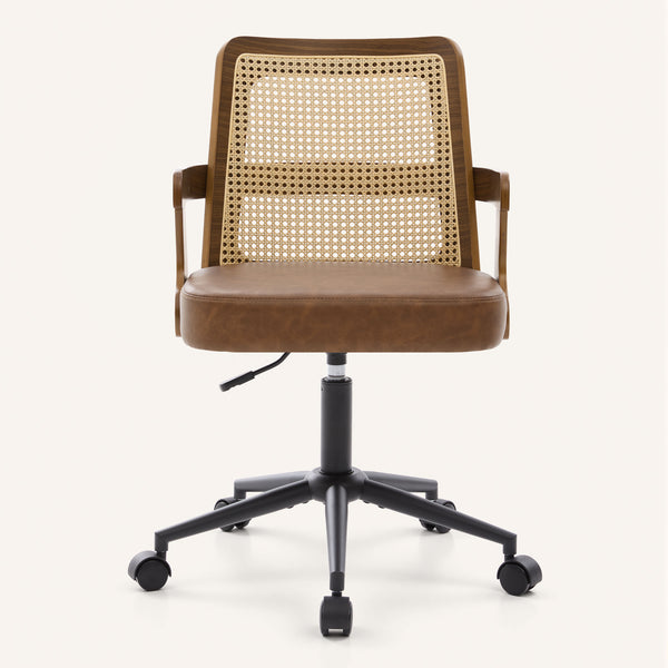 Zelen Office Chair in Brown Afus Leather, Rattan Backrest