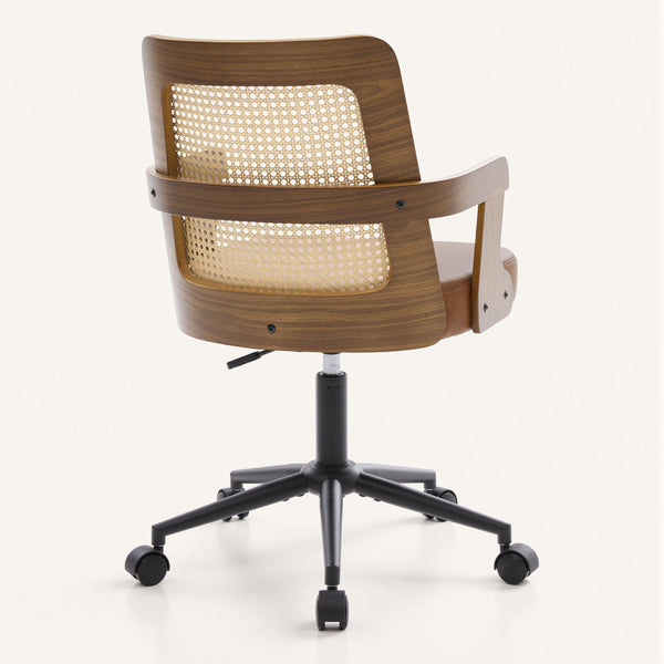 Zelen Office Chair in Brown Afus Leather, Rattan Backrest